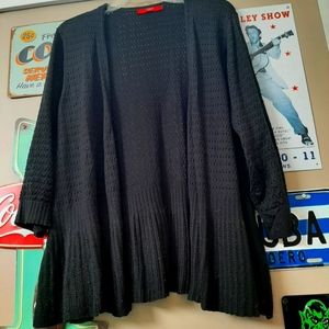 Black knit crochet open front cardigan frills 3/4 sleeve 2X